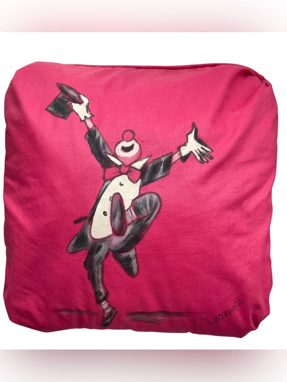 Vintage Hand-Painted Pink Clown Throw Pillow - Signed "Veronica"